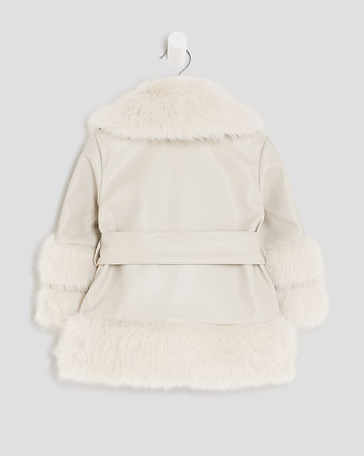 Mini Girls Cream Faux Fur Wrap Coat