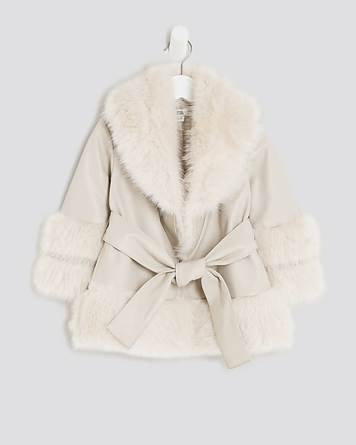 Mini Girls Cream Faux Fur Wrap Coat