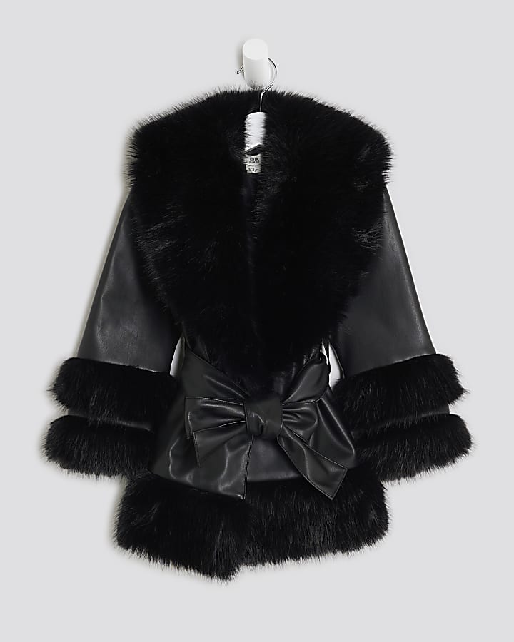 Mini Girls Black Faux Fur Wrap Coat