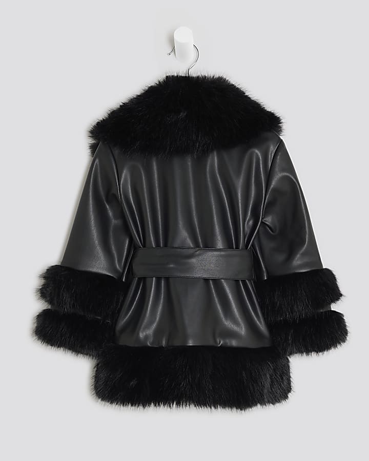Mini Girls Black Faux Fur Wrap Coat