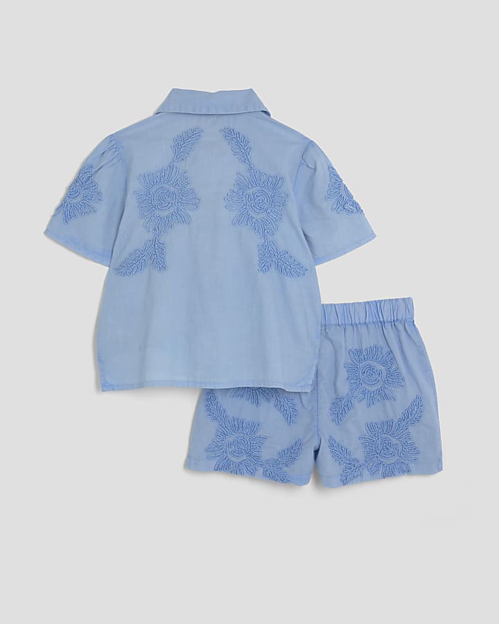 Girls Blue Floral Shirt And Shorts Set