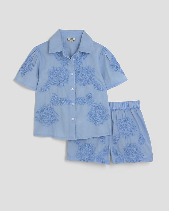 Girls Blue Floral Shirt And Shorts Set