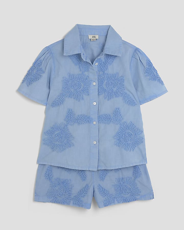 Girls Blue Floral Shirt And Shorts Set