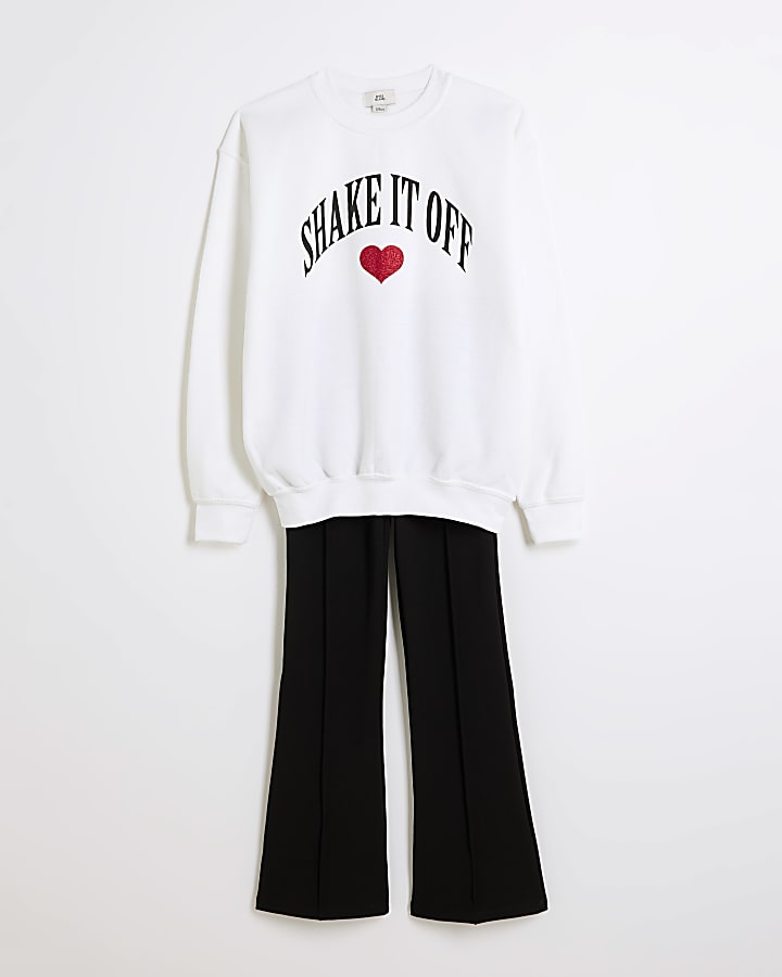 Girls White Glitter Heart Sweatshirt Set