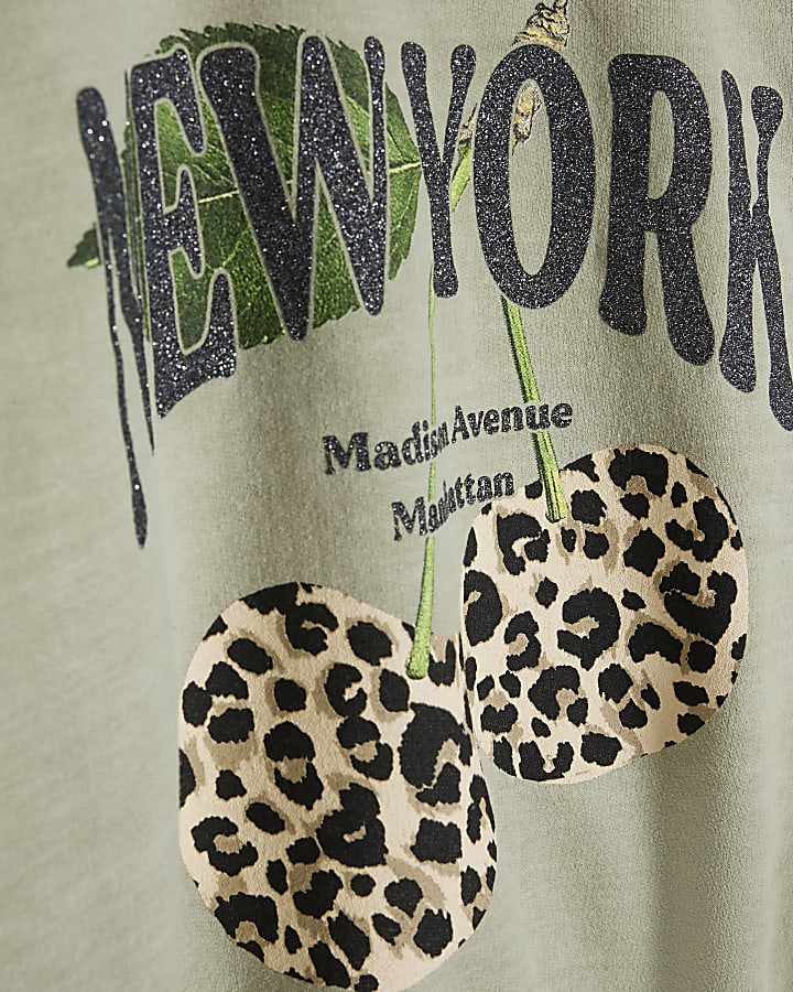 Girls Green Leopard Cherry Sweatshirt Set