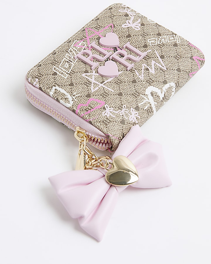 Girls Brown Graffiti Bow Monogram Purse