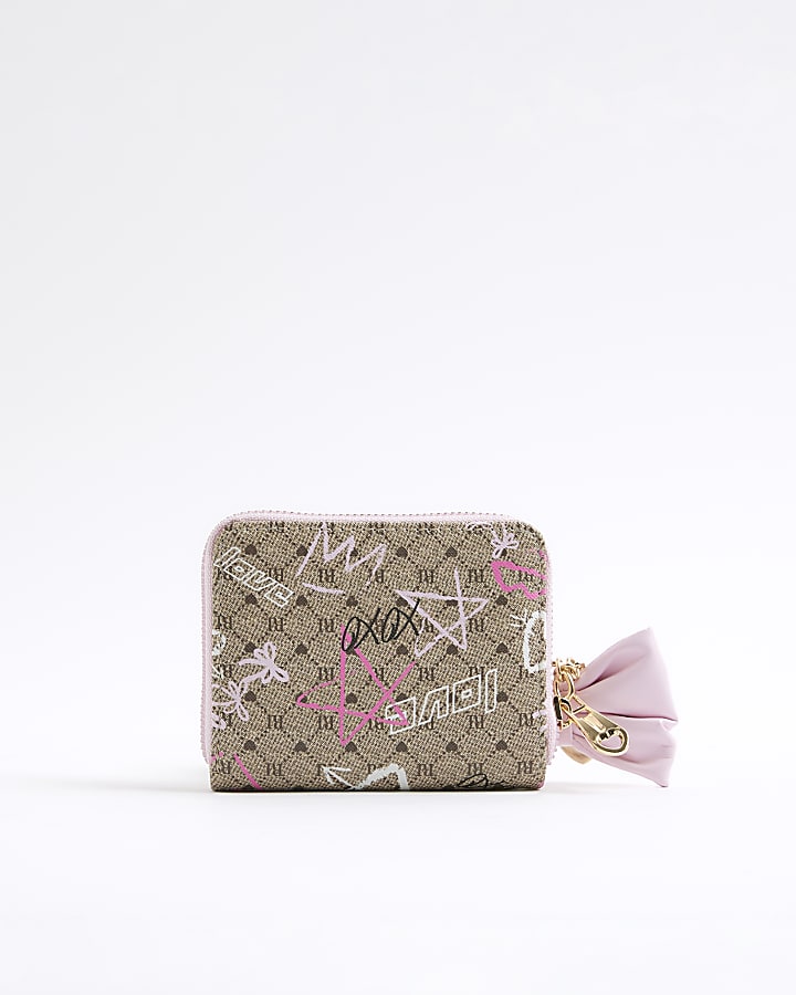 Girls Brown Graffiti Bow Monogram Purse