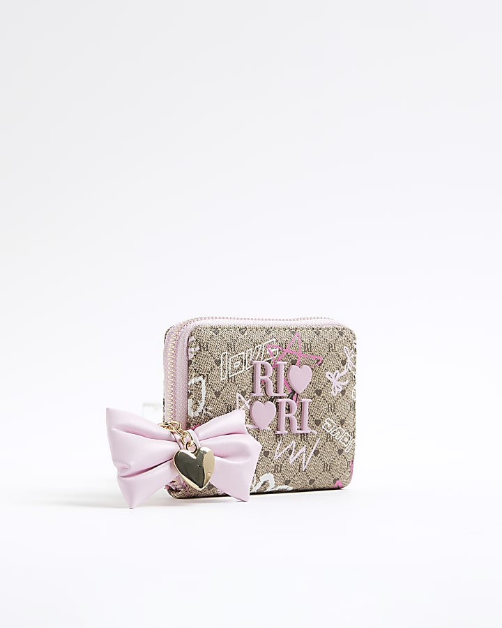 Girls Brown Graffiti Bow Monogram Purse