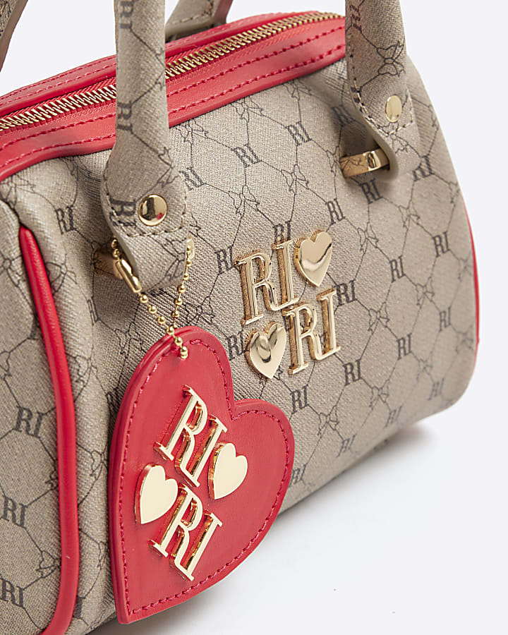 Girls Brown and Red Monogram Bowler bag