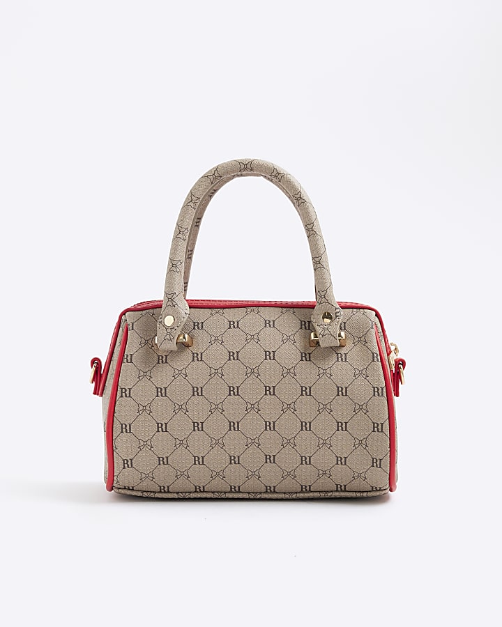 Girls Brown and Red Monogram Bowler bag