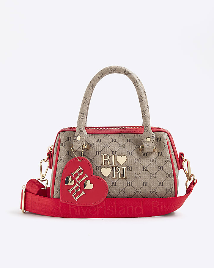 Girls Brown and Red Monogram Bowler bag