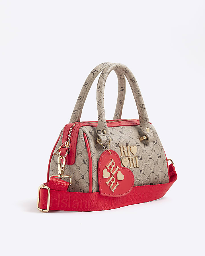 Girls Brown and Red Monogram Bowler bag