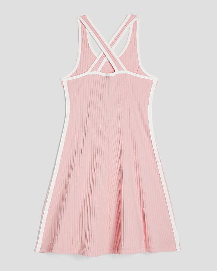 Girls Pink Ribbed Button Fit And Flared Dress