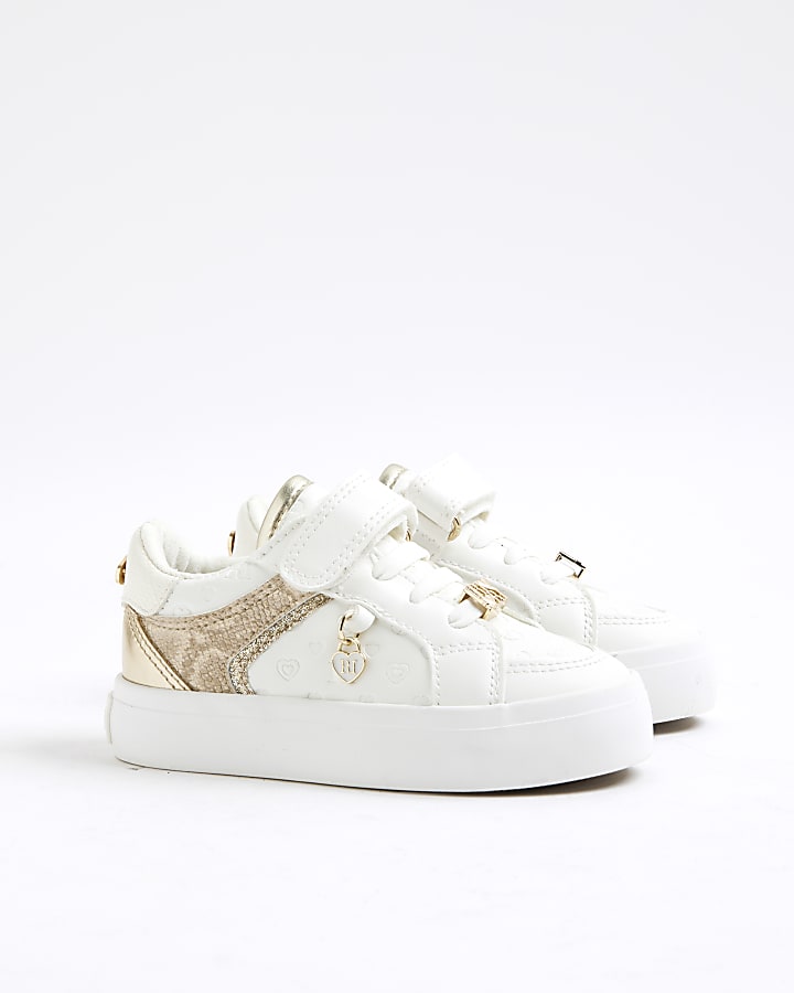Mini Girls White Heart Embossed Trainers