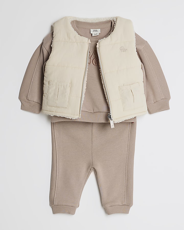 Baby Boys Brown 3 Piece Padded Gilet Set