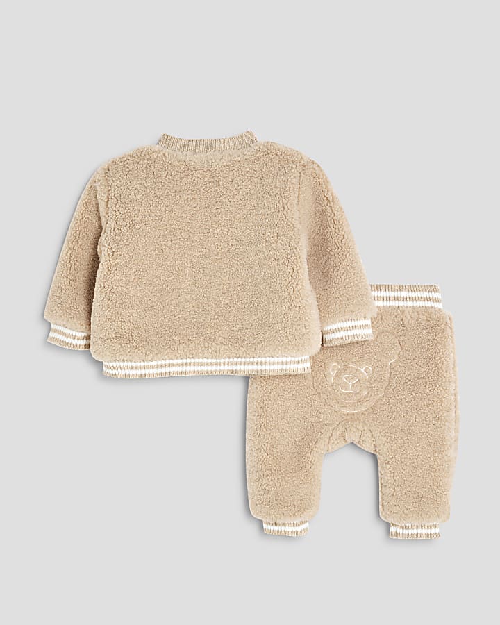 Baby Boys Beige Borg Bear Cardigan Set