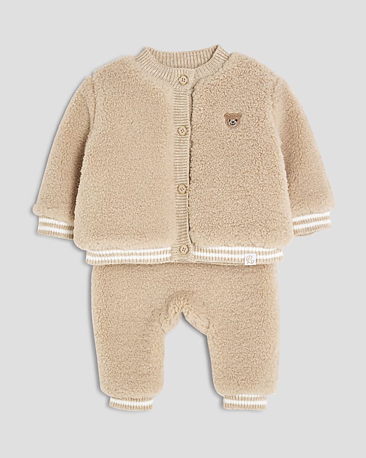 Baby Boys Beige Borg Bear Cardigan Set