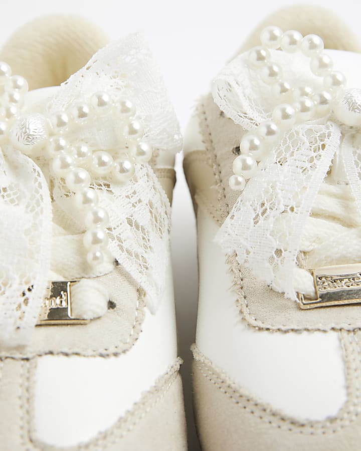 Girls Beige Lace Bow Trainers