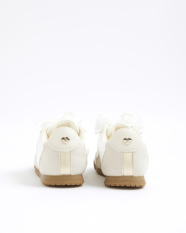 Girls Beige Lace Bow Trainers
