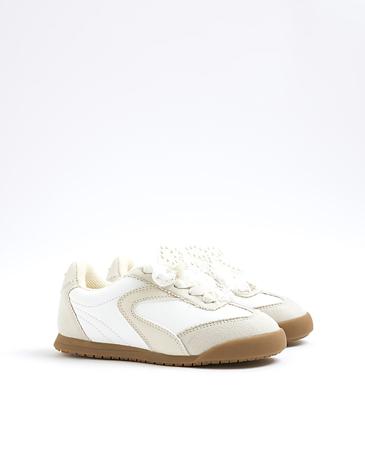 Girls Beige Lace Bow Trainers