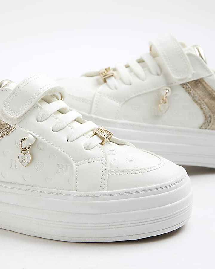 Girls White Heart Embossed Trainers