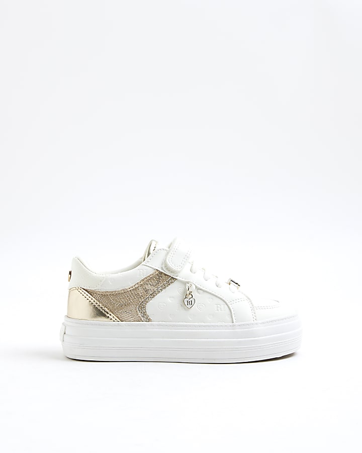 Girls White Heart Embossed Trainers