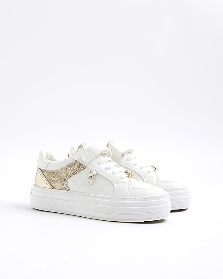 Girls White Heart Embossed Trainers