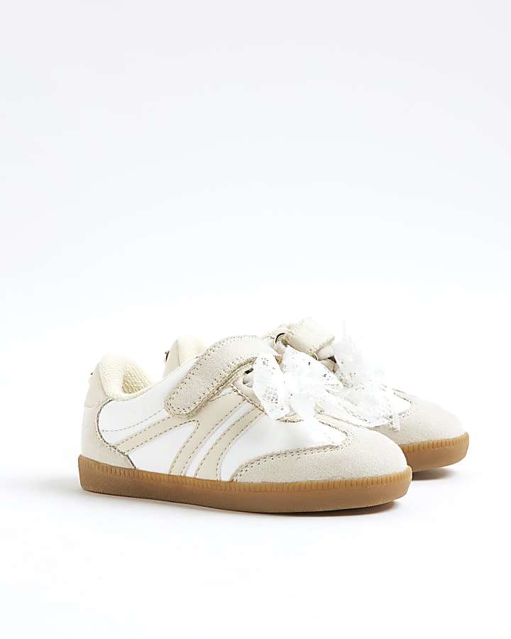 Mini Girls Beige Lace Bow Trainers