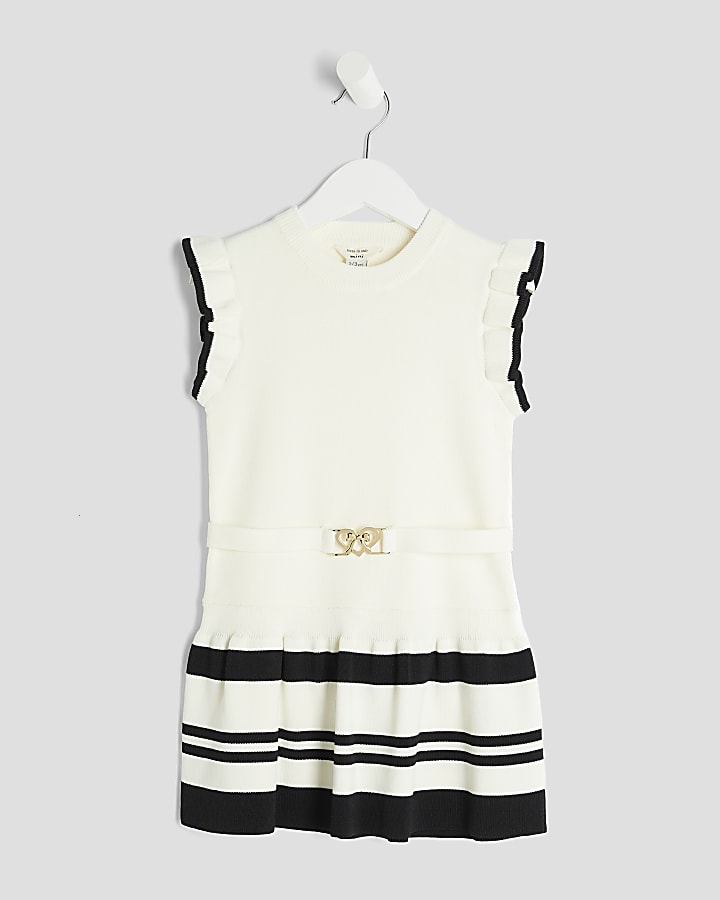 Mini Girls Cream Belted Ruffle Hem Dress