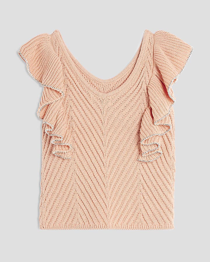 Girls Orange Diamante Trimmed Crochet Top