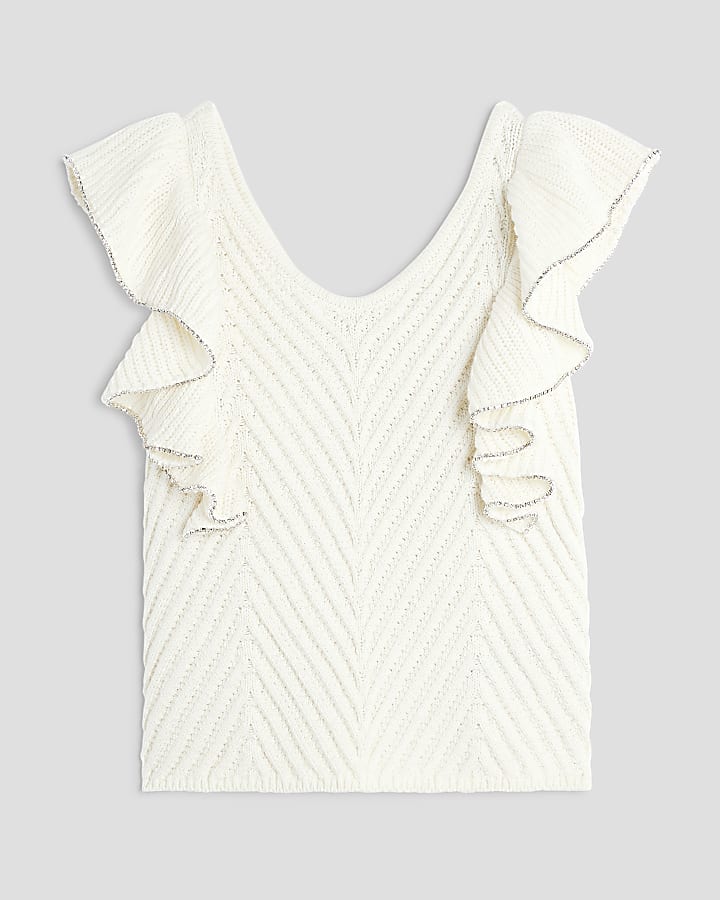 Girls Cream Diamante Trimmed Crochet Top