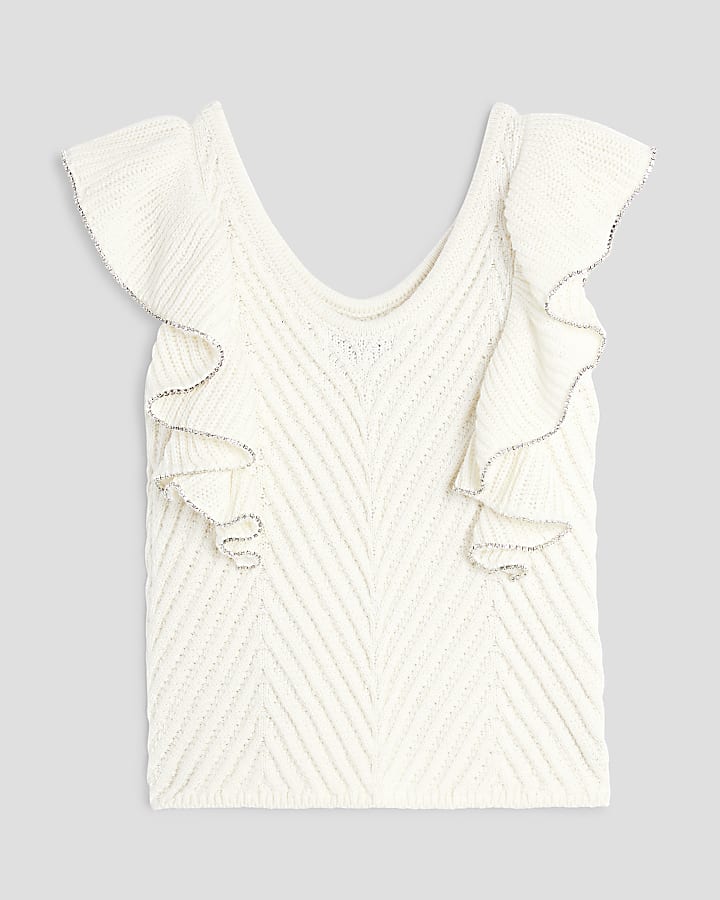 Girls Cream Diamante Trimmed Crochet Top