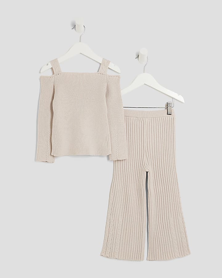 Mini Girls Beige Ribbed Knitted Jumper Set