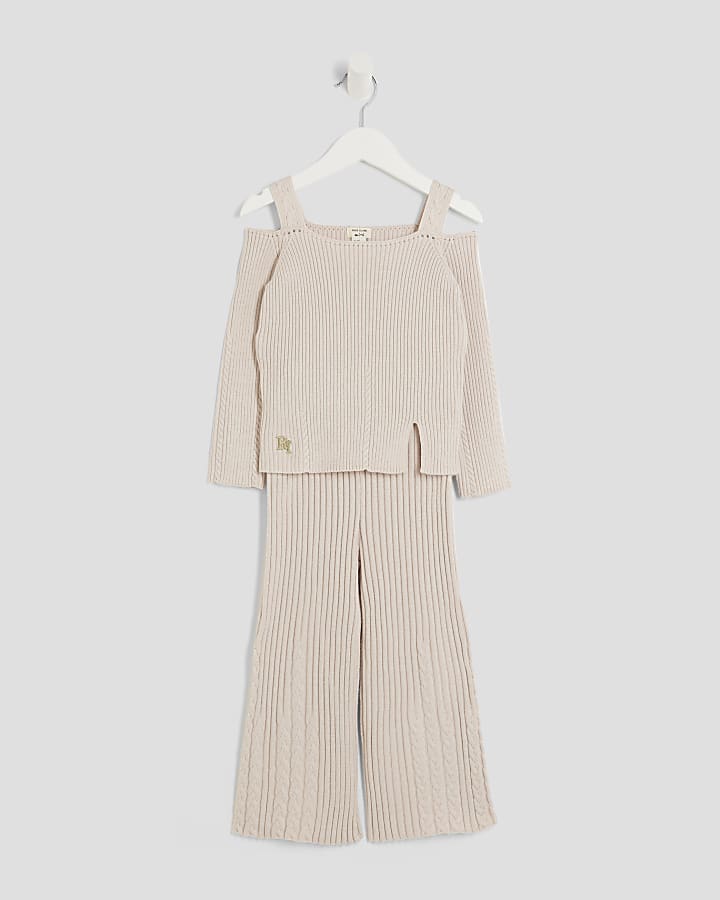 Mini Girls Beige Ribbed Knitted Jumper Set