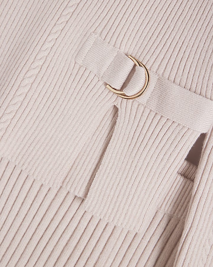 Girls Beige Cold Shoulder Ribbed Knitted Set