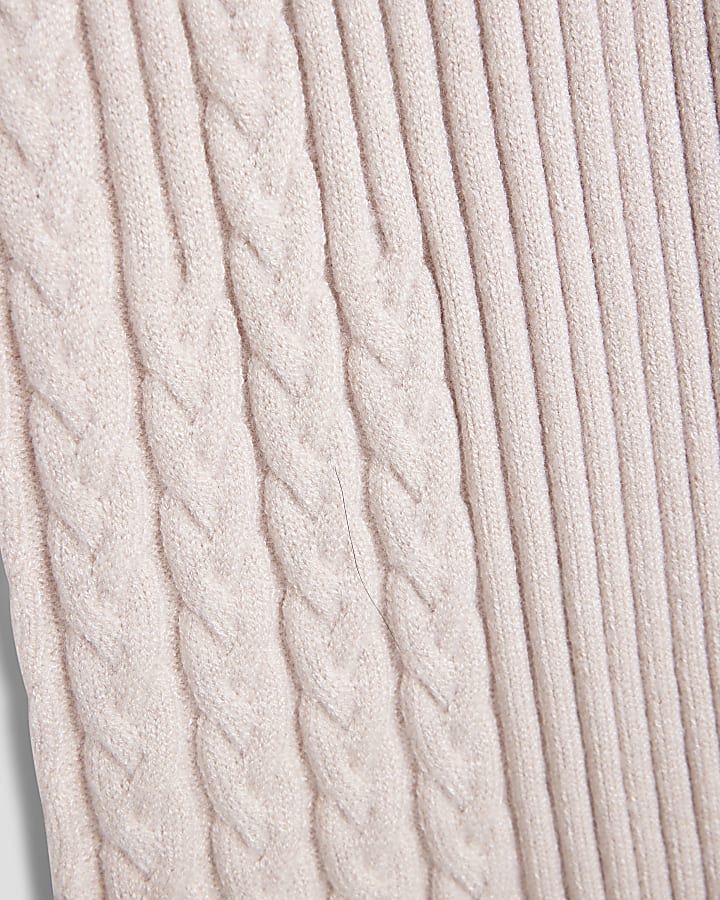 Girls Beige Cold Shoulder Ribbed Knitted Set