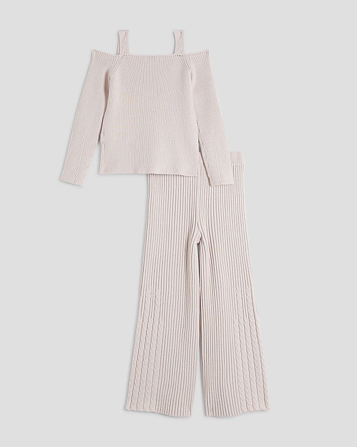 Girls Beige Cold Shoulder Ribbed Knitted Set