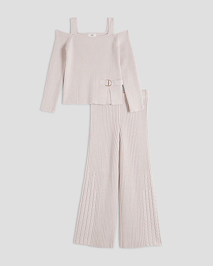 Girls Beige Cold Shoulder Ribbed Knitted Set