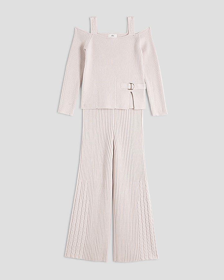 Girls Beige Cold Shoulder Ribbed Knitted Set