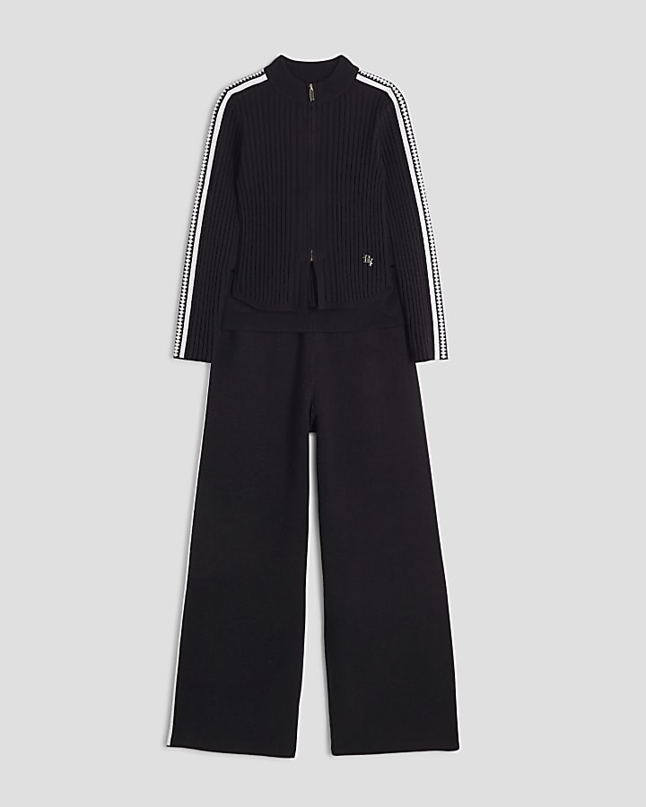 Girls Black Sporty Zip Through Jumper Set