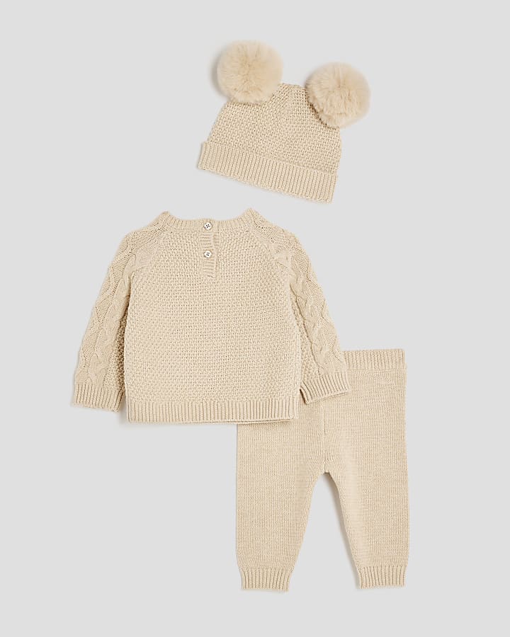 Baby Boys Beige Bear Jumper And Hat Set