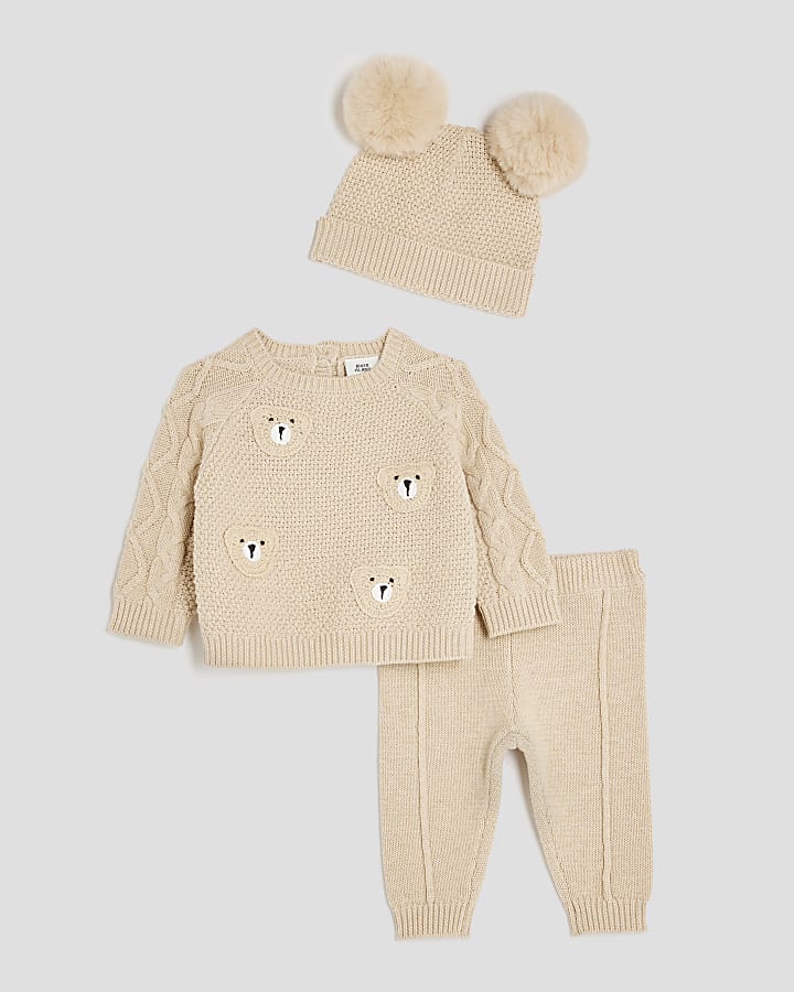 Baby Boys Beige Bear Jumper And Hat Set
