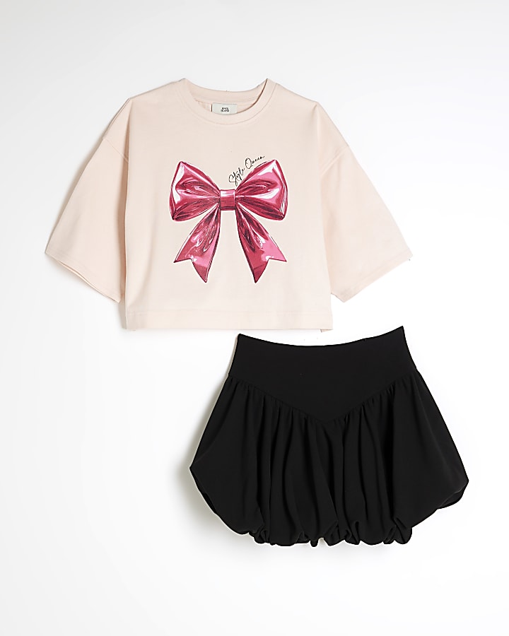 Girls Pink Bow T-shirt And Skirt Set