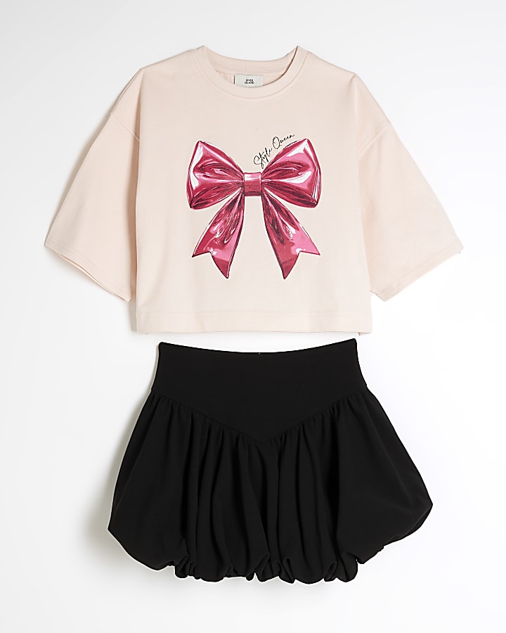 Girls Pink Bow T-shirt And Skirt Set