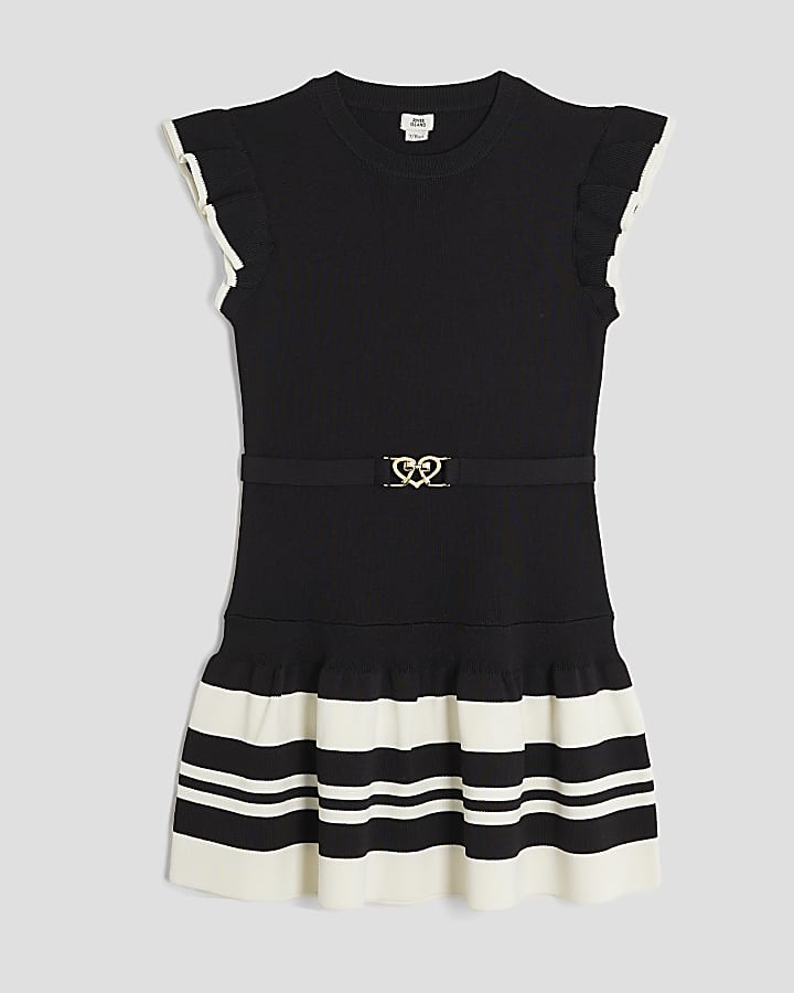 Girls Black Belted Ruffle Hem Dress