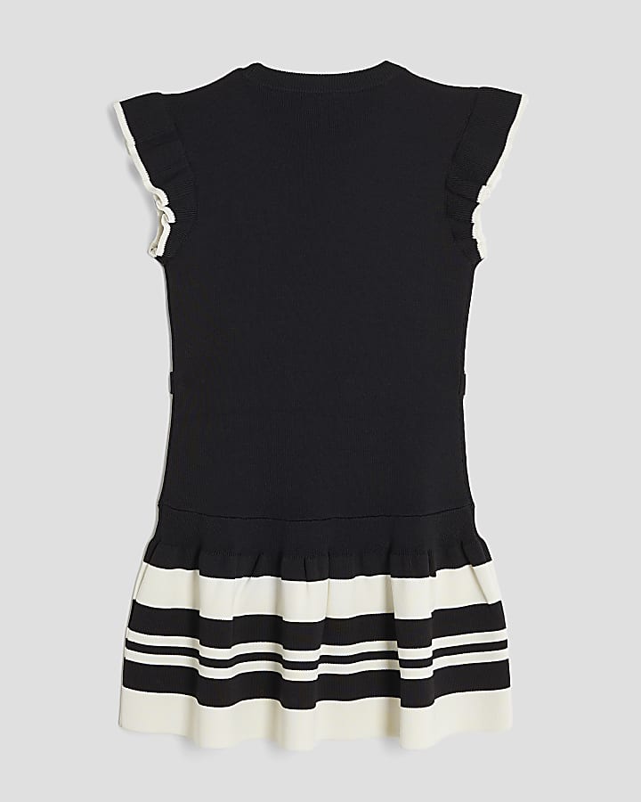 Girls Black Belted Ruffle Hem Dress