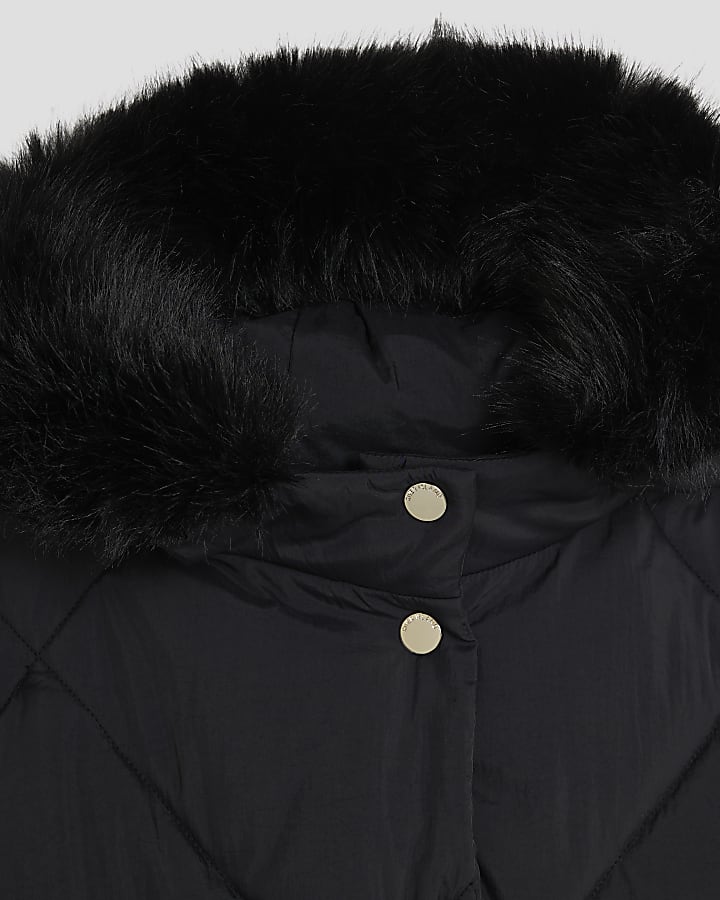 Girls Black Belted Faux Fur Hooded Gilet
