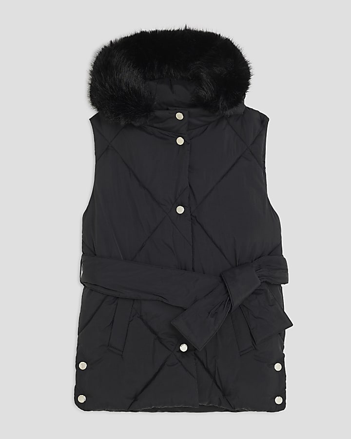 Girls Black Belted Faux Fur Hooded Gilet