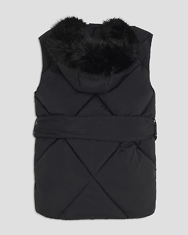 Girls Black Belted Faux Fur Hooded Gilet