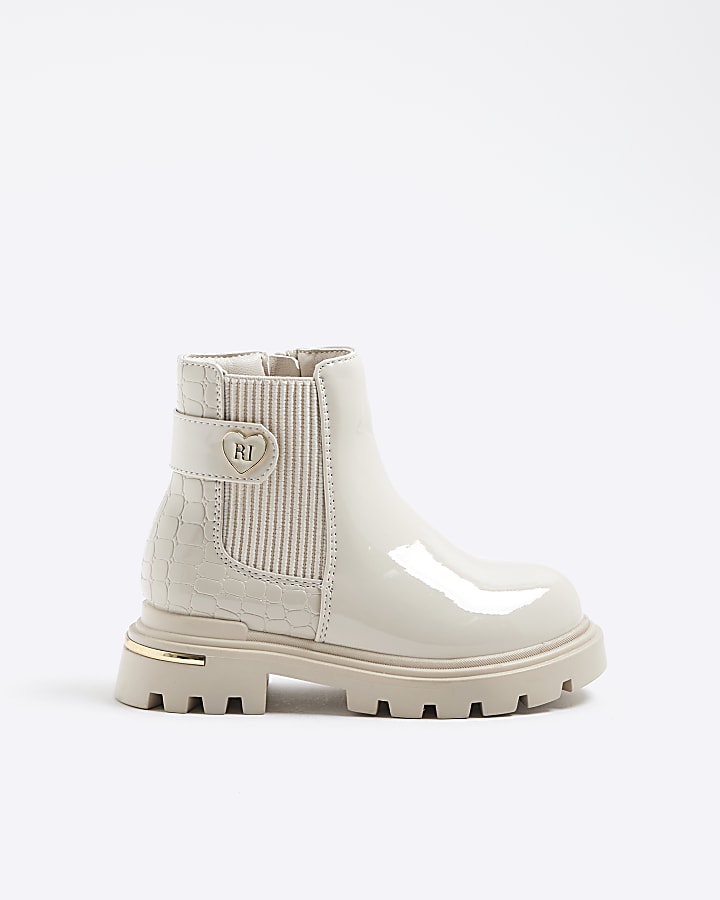 Mini Girls Cream Heart Strap Chelsea Boots